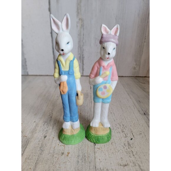 Vintage ceramic long Easter Bunny couple carrot spring decor home set - Picture 1 of 5